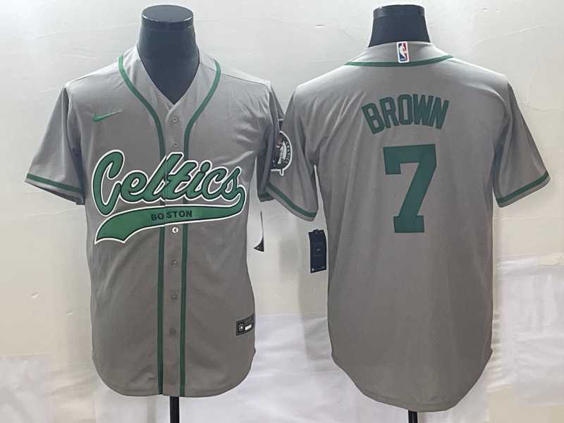 Mens Boston Celtics #7 Jaylen Brown Grey With Patch Stitched Baseball Jersey